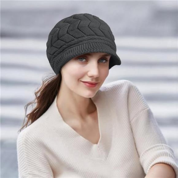 Women\'s Winter Beanie Warm Knitted Slouchy Wool Hats Cap with Visor, Dark Gray main image 4